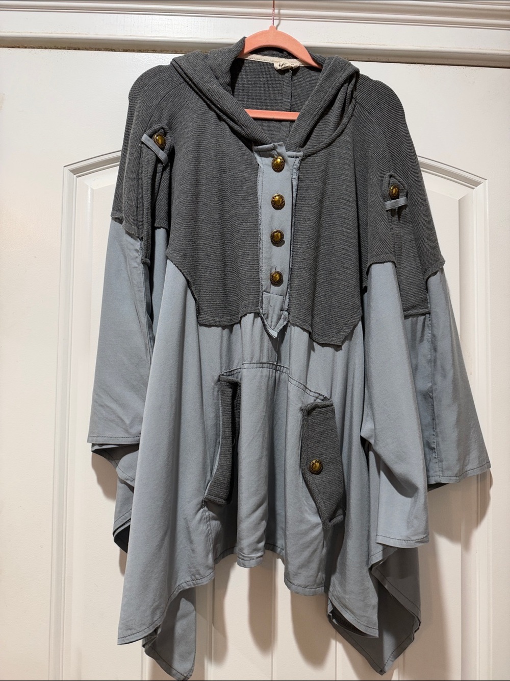 POL Hooded Layered Poncho with Contrast Yoke in Charcoal and Light Gray